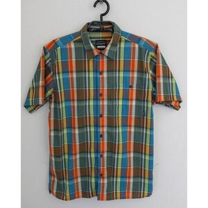 Patagonia Shirt Mens Medium Blue Plaid Seersucker Short Sleeve Button Down